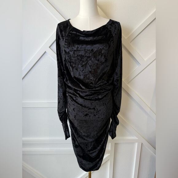 NWT WAYF Clique Ruched Bodycon Long Sleeve Velvet Minidress Black Size XL  LBD - Picture 2 of 12